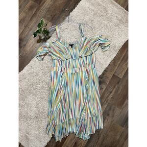 Torrid Brushstrokes Gauze Flounce Cold Shoulder Shirred Hanky Hem Skater Dress